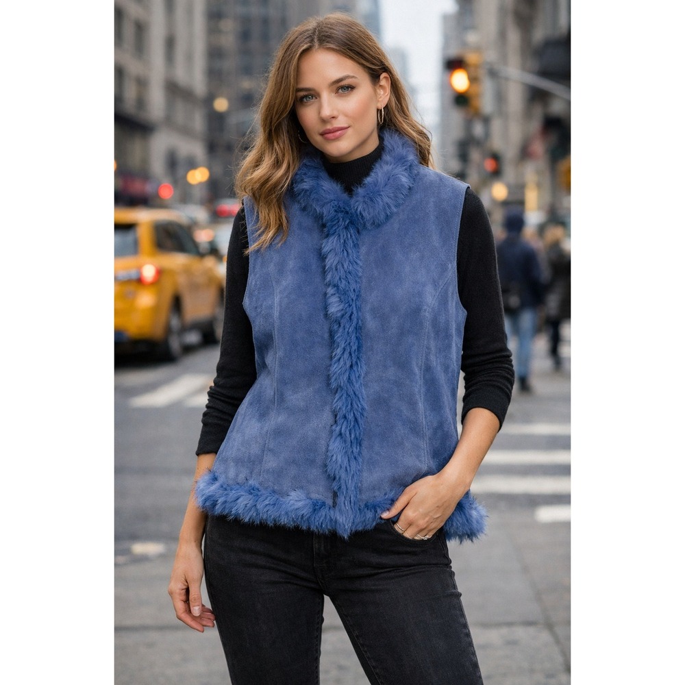 Revue Leather Vest‎ Womens 8 Periwinkle 100% Leather with Rabbit Fur Trim Zip